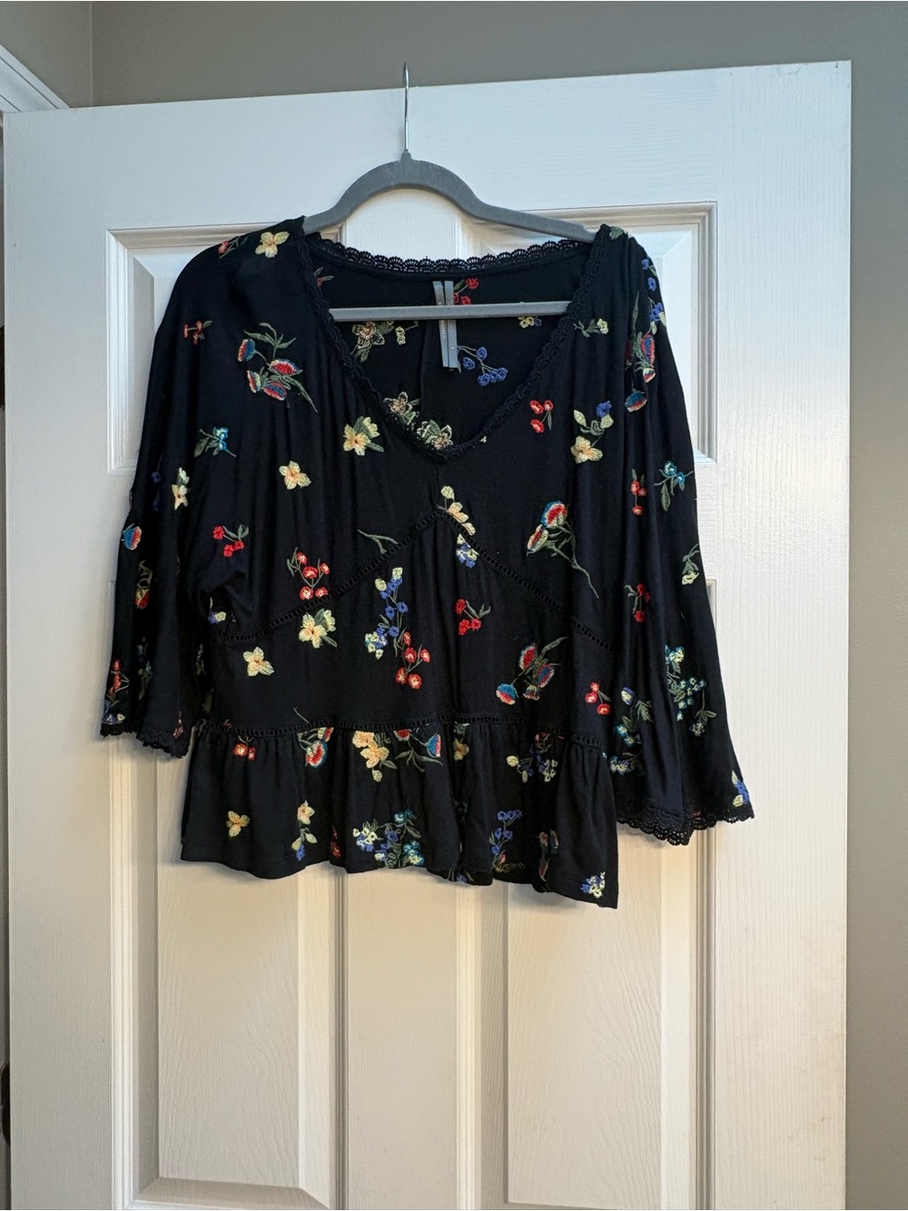 Anthropologie Black Floral Peplum Blouse with Multicolor Embroidery